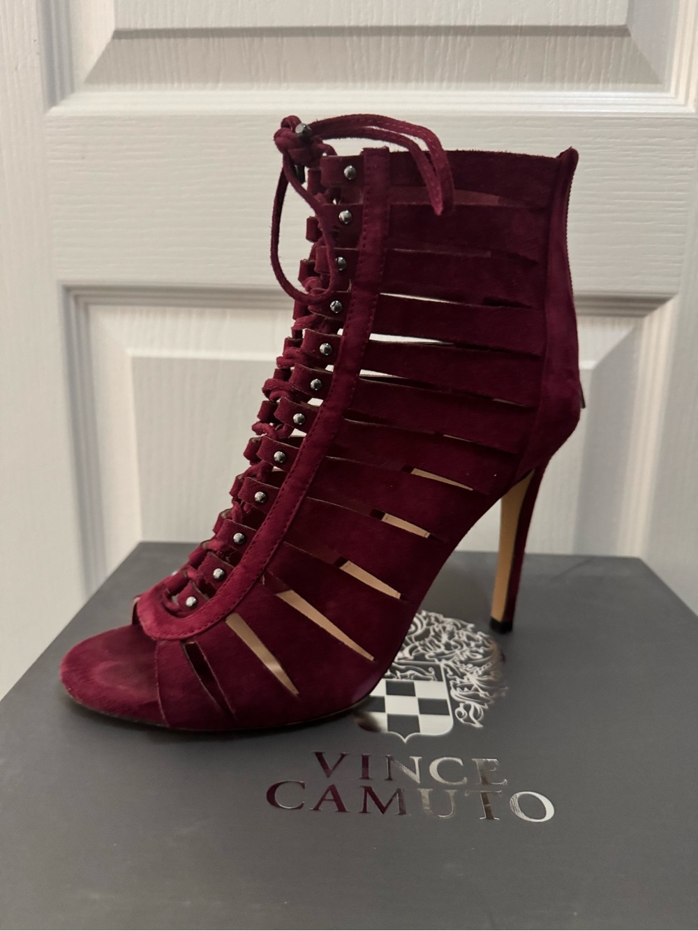 Vince Camuto Wine Suede Lace-Up Cutout Stiletto Booties